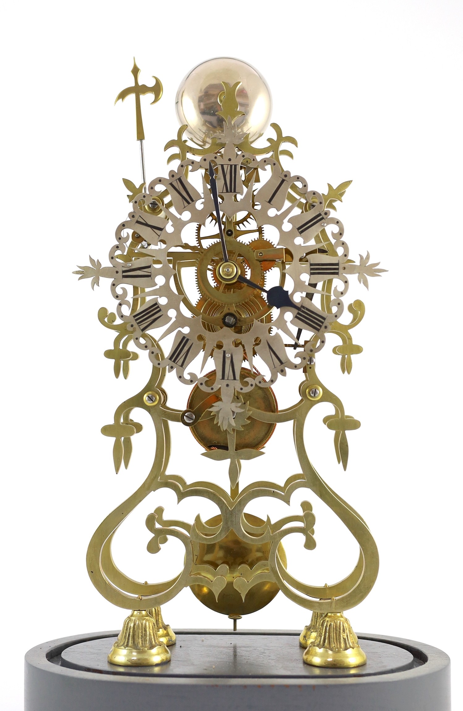 A Victorian brass skeleton timepiece, 53cm high overall, together with matching wall bracket